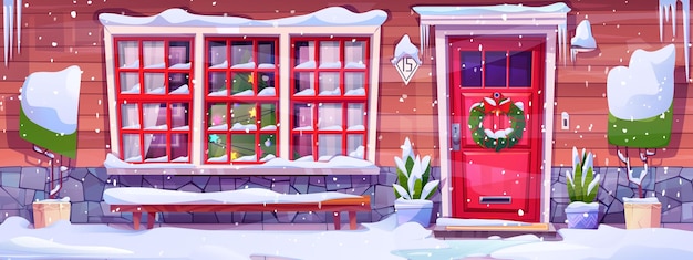 Christmas front door and porch winter illustration