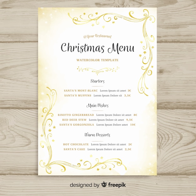 Christmas golden watercolor menu template 