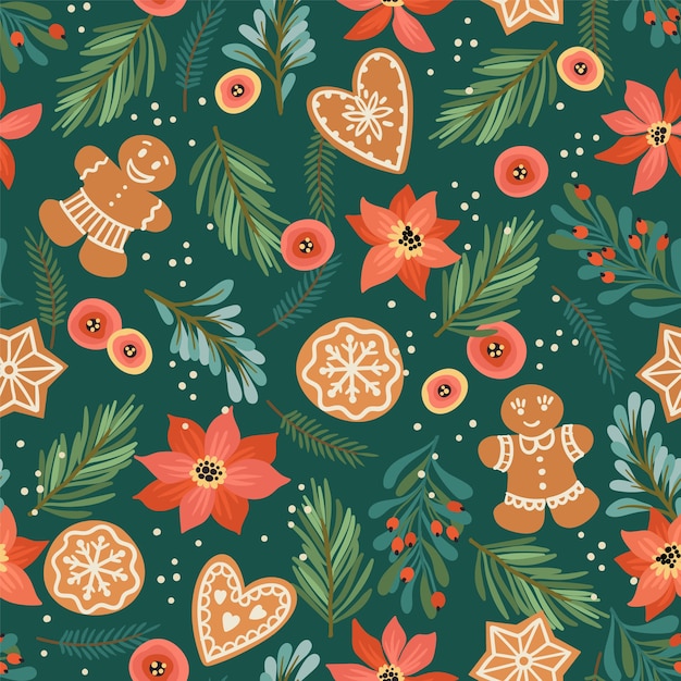 Christmas and Happy New Year seamless pattern with gingerbread. 