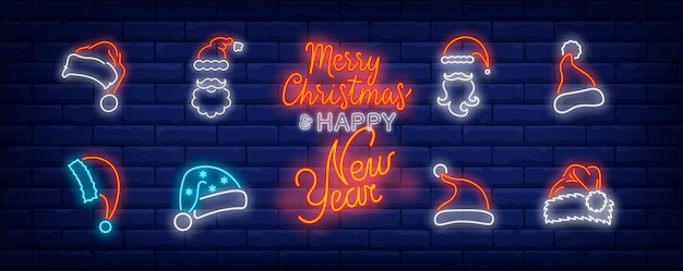 Christmas hat symbols set in neon style