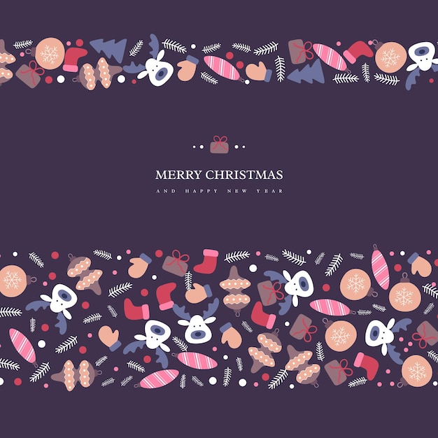 Christmas holiday design with doodles style hand drawn winter elements. Dark background with greeting text, vector illustration.