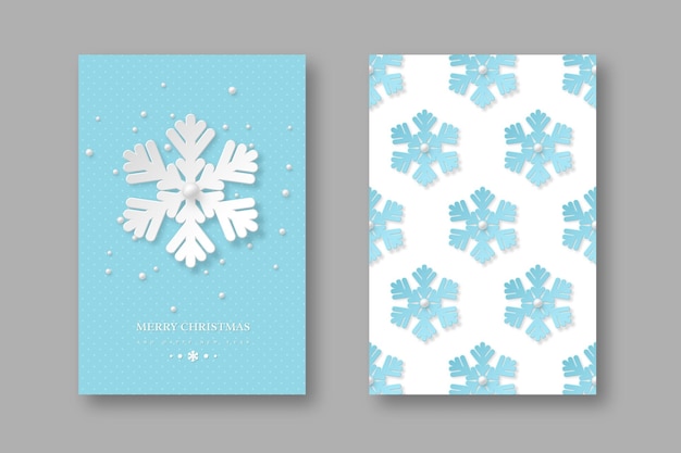 Christmas holiday posters with paper cut style snowflakes. Blue dotted background with greeting text, vector illustration.