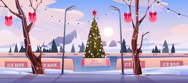 Free Vector christmas ice rink with fir tree decorated with illumination and festive baubles illustration