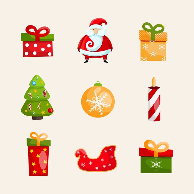 christmas icons collection with Santa Claus, swan toy, gift boxes, candle, Christmas tree and bauble