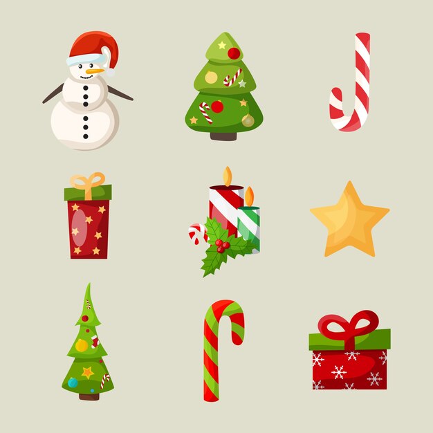 christmas icons set with snowman Christmas tree candy gift candle holly berry and star isolated