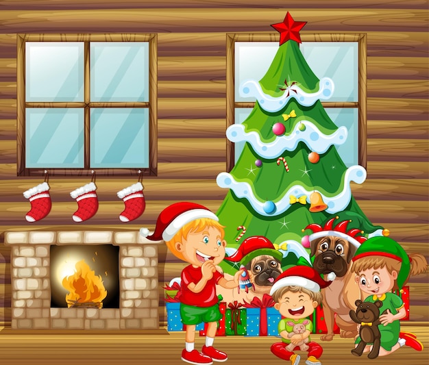 Christmas indoor scene with many children and cute dogs