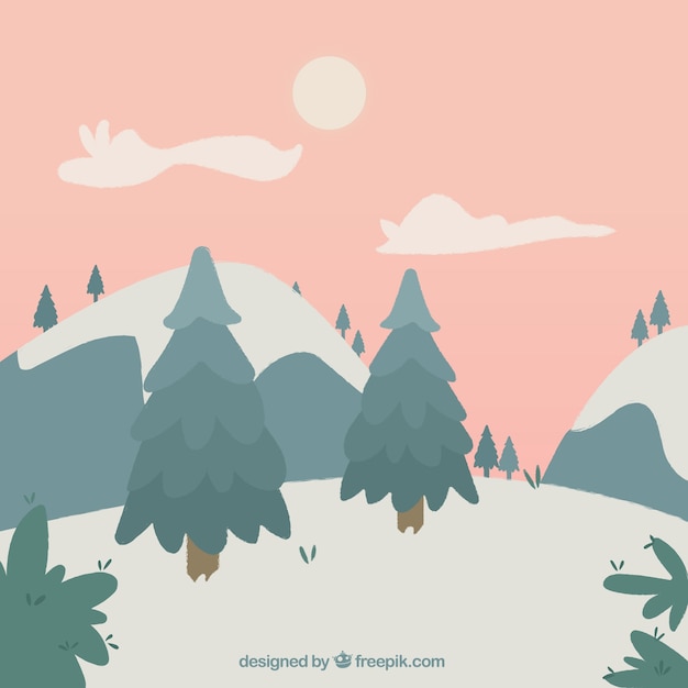 Christmas landscape background with pines and snow