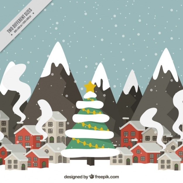 Free Vector christmas landscape with snowy mountains in flat design