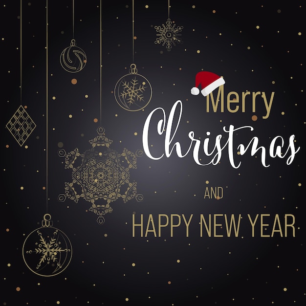 Free Vector christmas and new year black background greeting card with lettering