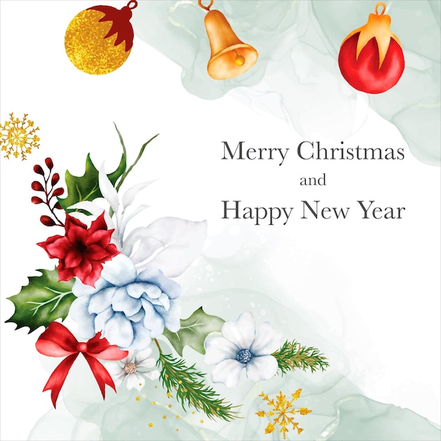 Free Vector christmas and new year card with watercolor christmas flower and leaves