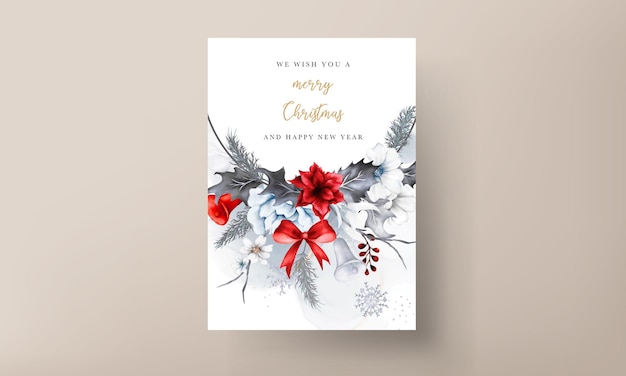 Free vector christmas and new year card with watercolor white floral and red christmas ornament