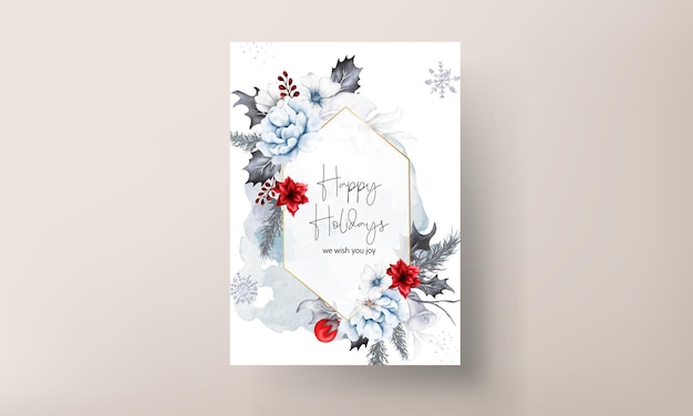 Free vector christmas and new year card with watercolor white floral and red christmas ornament