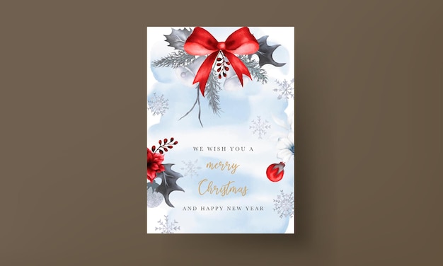 Free Vector christmas and new year card with watercolor white floral and red christmas ornament