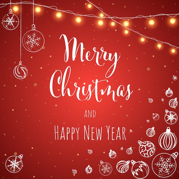 Christmas and New Year red background greeting card with lettering Vector illustration