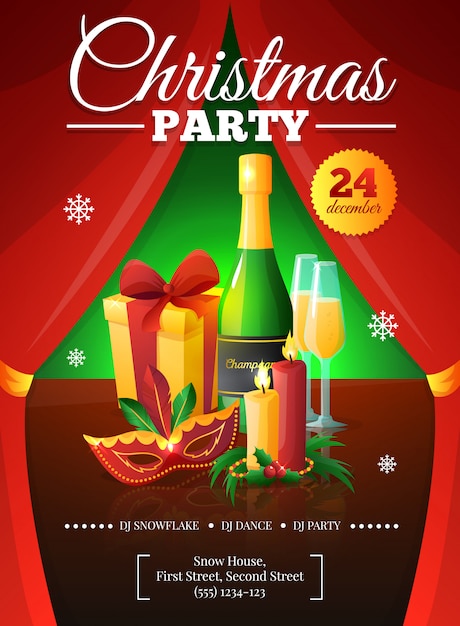 Christmas party invitation poster with red curtains present champagne mask candles