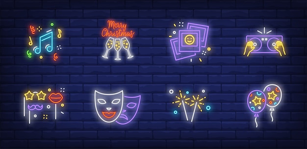 Free Vector christmas party symbols set in neon style