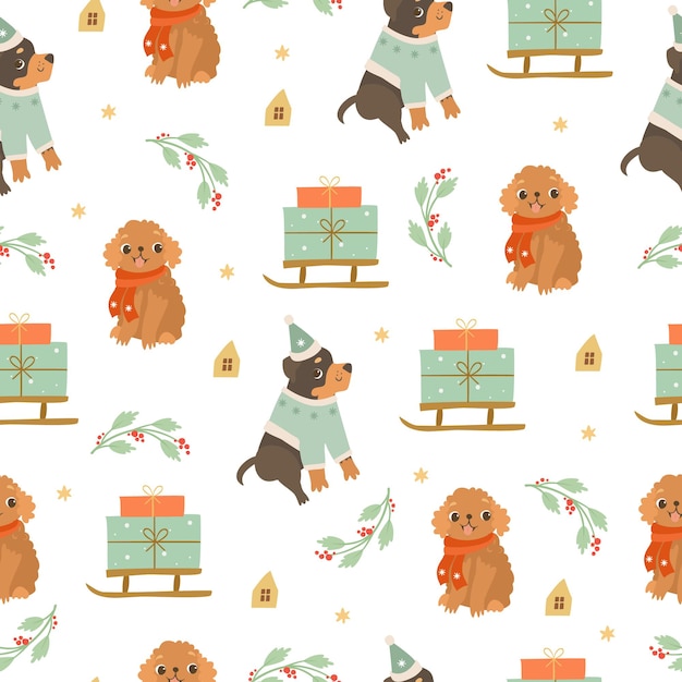 Christmas pattern with dogs and gifts