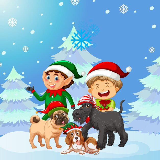 Christmas poster design with elf and dogs on snowy background