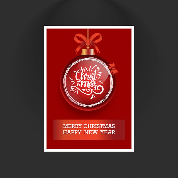 Christmas Red Color Card with hanging Red detailed Christmas Ball with Creative typography