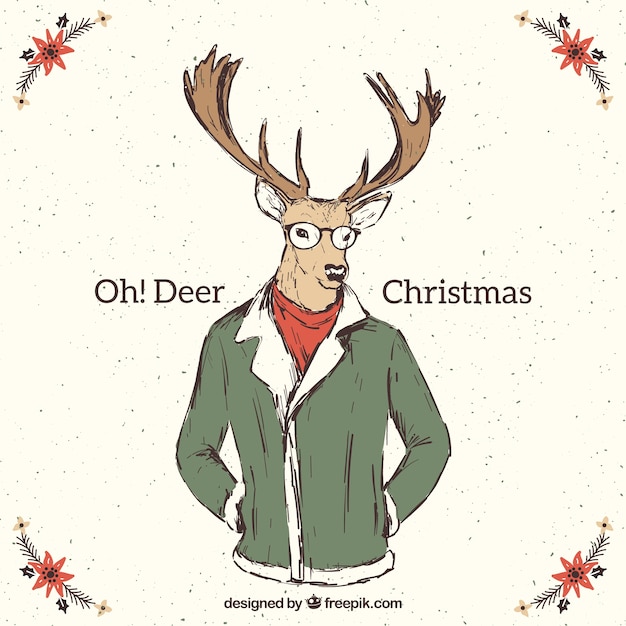 Free Vector christmas reindeer card wearing  winter clothes in hipster style