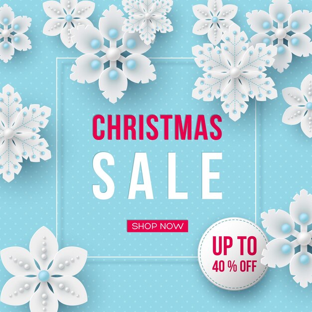 Christmas sale banner. 3d decorative snowflakes and label with text on blue dotted background. Vector illustration for winter holiday discounts.