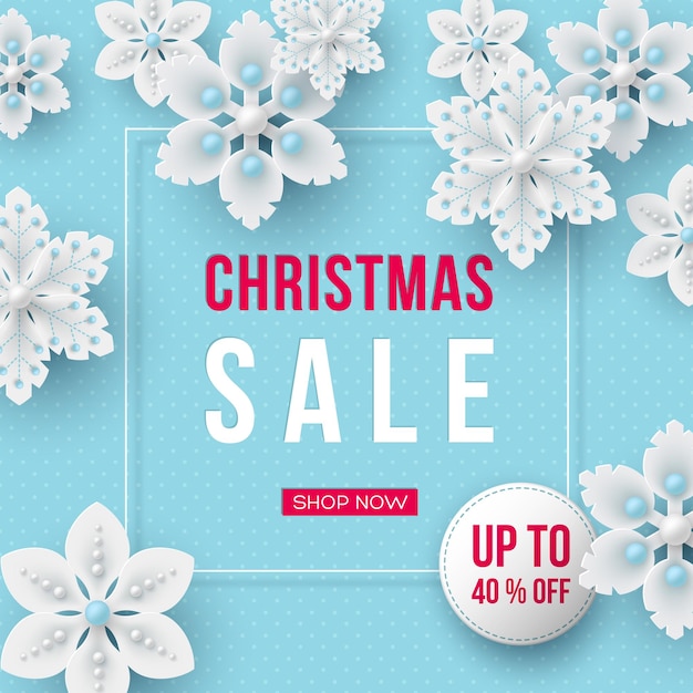 Christmas sale banner. 3d decorative snowflakes and label with text on blue dotted background. Vector illustration for winter holiday discounts.