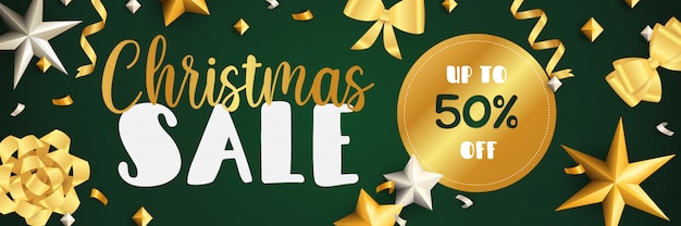 Christmas Sale banner design with golden ribbons