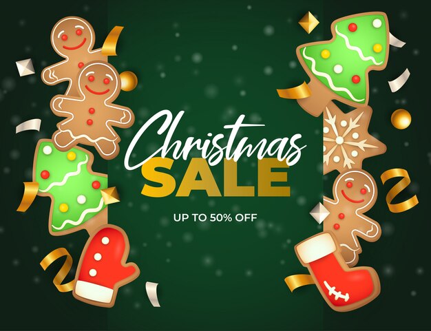 Christmas sale banner with ginger bread on green ground