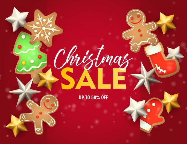 Christmas sale banner with ginger bread on red ground