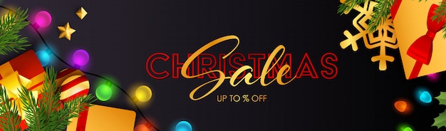 Christmas Sale banner with light bulbs and presents