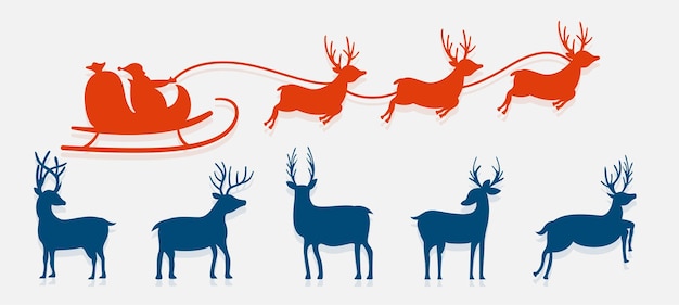 Free vector christmas santa claus flying on sleigh with reindeer design in set