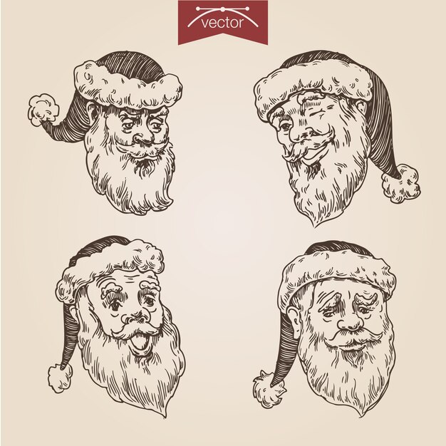 Christmas Santa set  hand drawn engraving