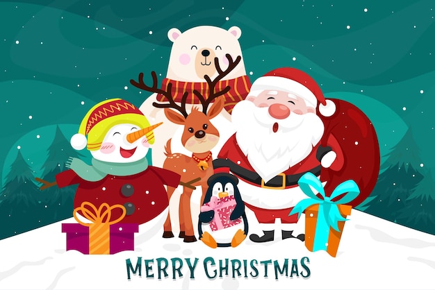 Christmas scenes Santa claus, penguin, reindeer, bear, snowman, christmas tree