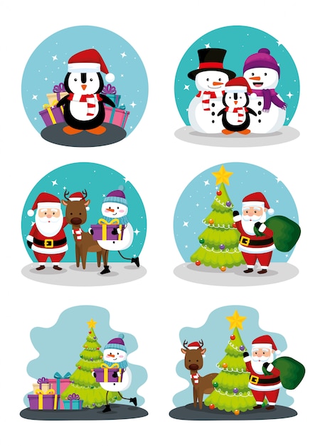 christmas scenes with icons set