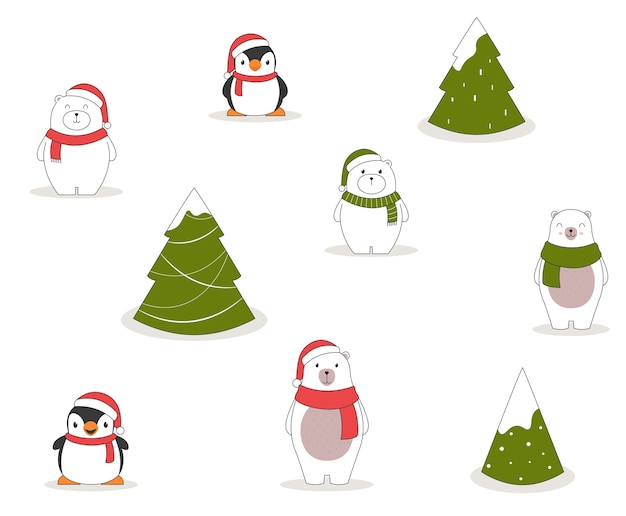 Christmas seamless pattern with penguins, polar bears and Christmas trees.