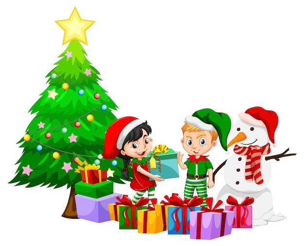 Christmas season with children in Christmas costumes and snowman