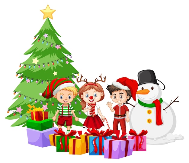 Christmas season with children in Christmas costumes and snowman