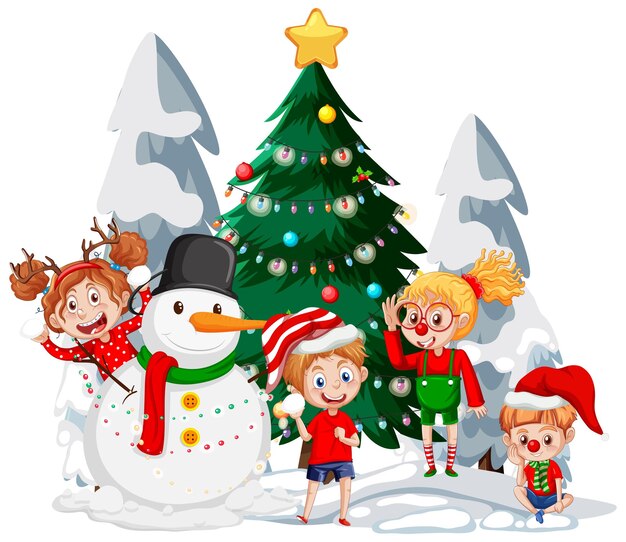 Christmas season with children in Christmas costumes and snowman