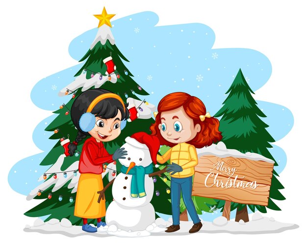 Christmas season with two girl building a snowman together