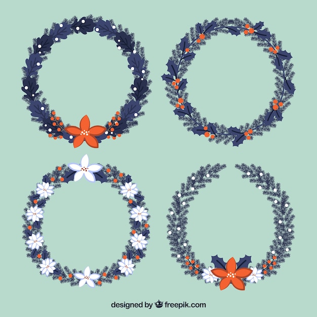 Free Vector christmas set of dark blue wreaths