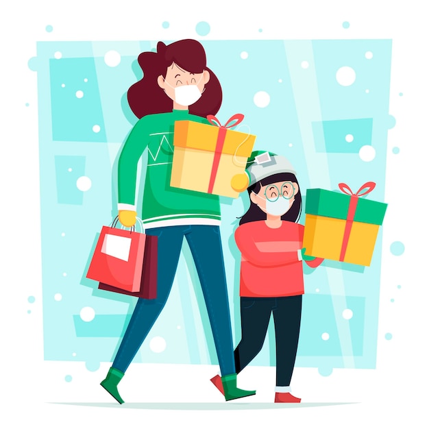 Free Vector christmas shopping scene wearing masks