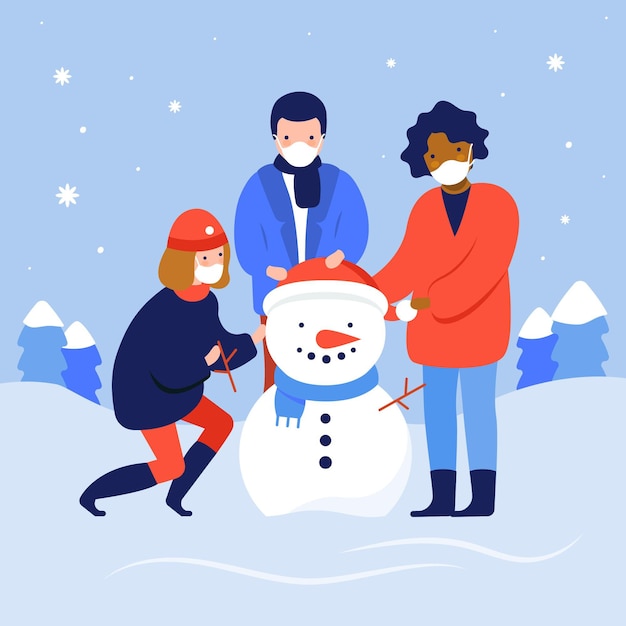 Christmas snow scene wearing masks