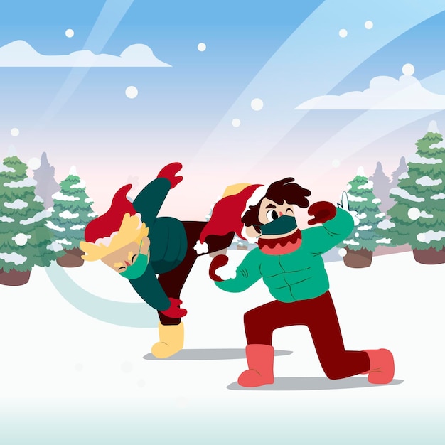 Christmas snow scene wearing masks