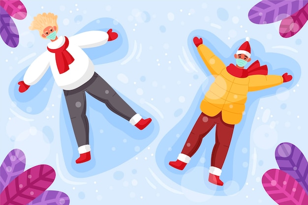 Free Vector christmas snow scene wearing masks