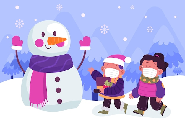 Christmas snow scene with kids wearing masks