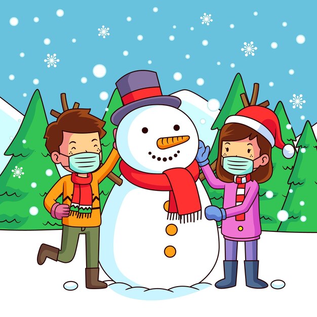 Christmas snow scene with poeple wearing masks