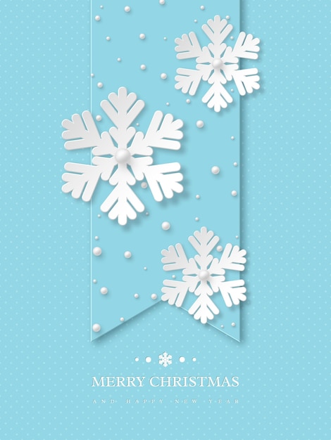 Free Vector christmas snowflakes with pearls. blue dotted holiday background with greeting text, vector illustration.