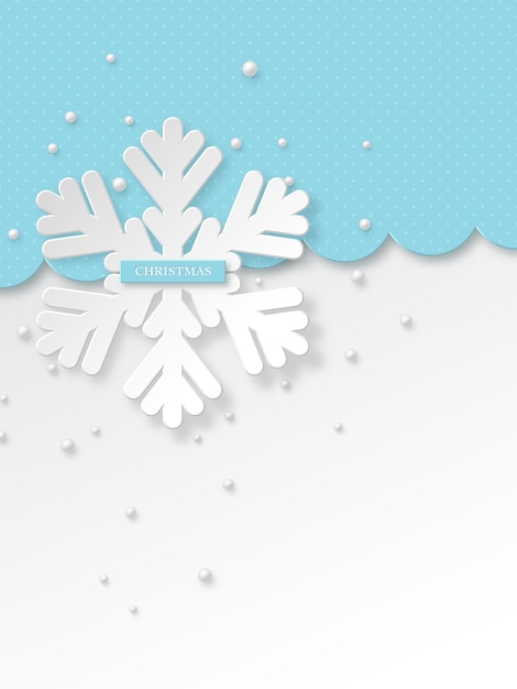 Christmas snowflakes with pearls. Blue dotted holiday background with greeting text. Vector illustration.