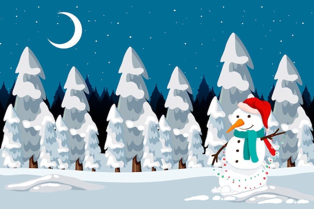 Free vector christmas snowman in the snow at night scene