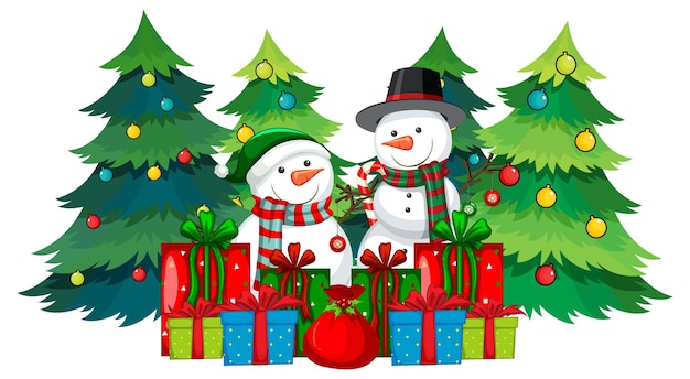 Christmas snowman with many gift boxes and decorated tree